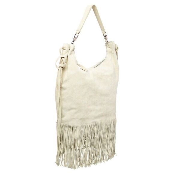 Miu Light Beige Suede Fringe Hobo #129618M28B - Picture 3 of 10